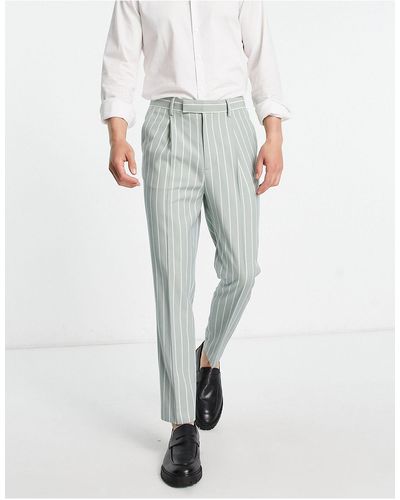 ASOS Pantalon élégant coupe fuselée à fines rayures - sauge - Blanc