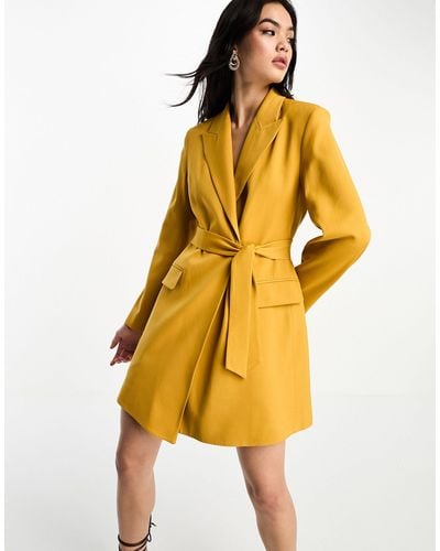 & Other Stories Wool Blend Tie Waist Blazer Mini Dress - Yellow