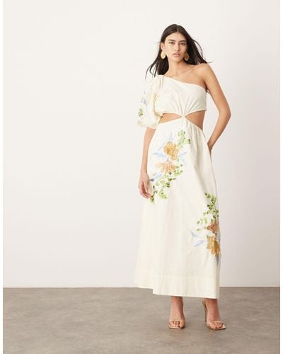 ASOS Embroidered Floral Shoulder Puff Sleeve Midi Dress - Natural