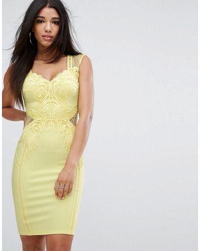 Lipsy Michelle Keegan Loves Applique Lace Bodycon Dress - Yellow