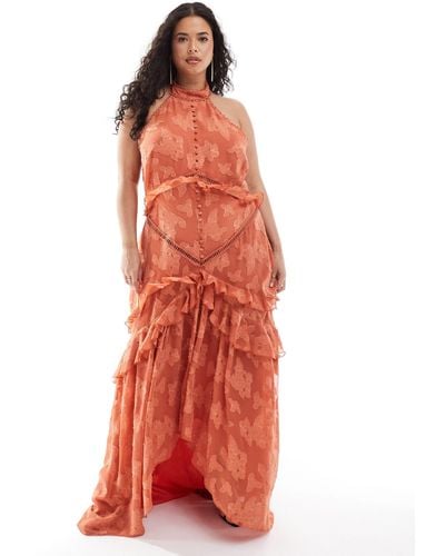 ASOS Asos Design Curve Lace Insert Jacquard Halter Tiered Maxi Dress With Circle Trim