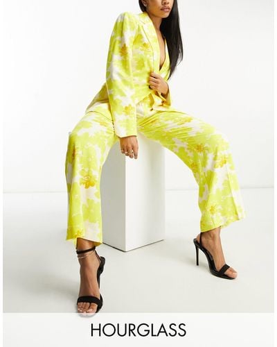 ASOS Hourglass Oversized Floral Relaxed Suit Trousers With Linen - Yellow