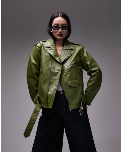 TOPSHOP Faux Leather Oversized Biker Jacket - Green