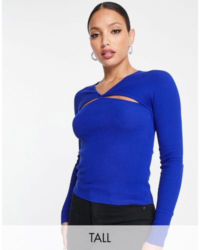 ASOS Asos Design Tall Knitted Top With Cut Out And Knot Front Detail - Blue