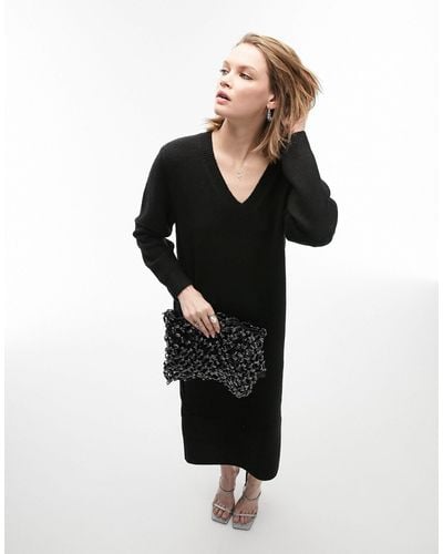 TOPSHOP Knitted V Neck Maxi Dress - Black