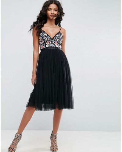 Needle & Thread Whisper Embroidered Tulle Midi Dress - Black