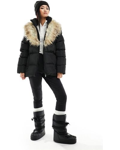 Threadbare Ski Belted Puffer Coat With Faux Fur Collar - Black