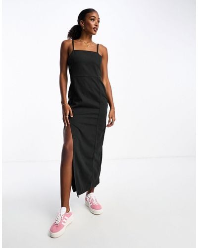 Monki Denim Midi Pinafrore Dress - Black