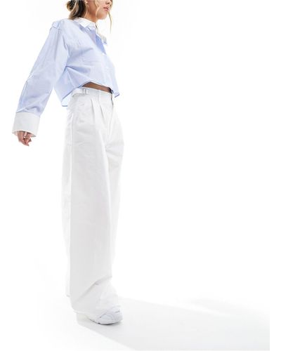 Stradivarius Tailored Cotton Super Wide Leg Pants - White