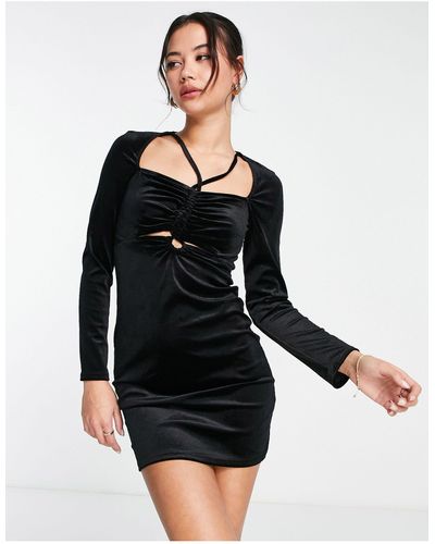 New Look Fluwelen Mini-jurk Met Halternek En Lange Mouwen - Zwart