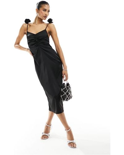 In The Style Satin Ruched Midi Dress With Corsage Strap Detail - Black
