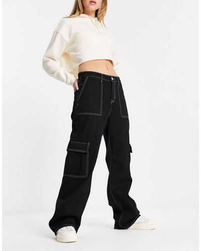 Monki Jeans cargo con fondo ampio neri - Bianco