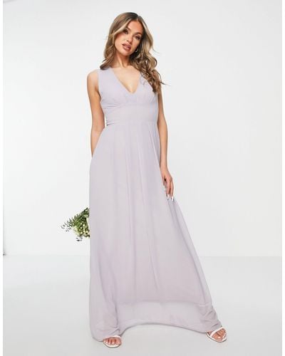 TFNC London Bridesmaid Chiffon V Front Maxi Dress With Pleated Skirt - Gray