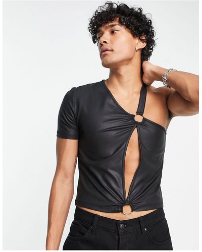 ASOS Camiseta corta negra ajustada y asimétrica con abertura en la parte delantera - Negro