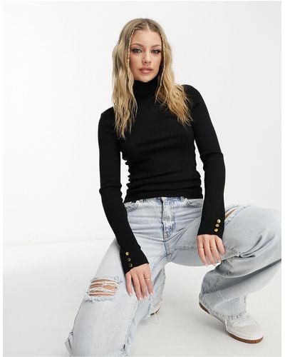 Lipsy Roll Neck Sweater With Gold Button Cuff Detail - Black