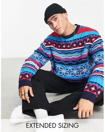 ASOS Oversized Knitted Jumper With Aztec Pattern - Blue