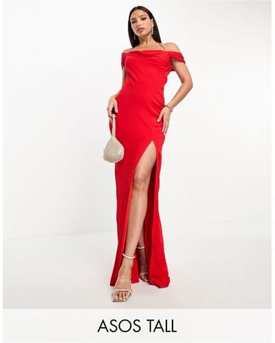 ASOS Asos Design Tall Cap Sleeve Strappy Open Back Bias Maxi Dress - Red