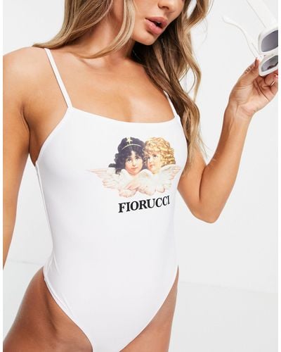 Fiorucci – badeanzug mit schmalen trägern und großem engelsmotiv - Weiß