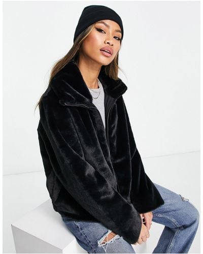 French Connection Faux Fur High Neck Bomber Jacket - Black