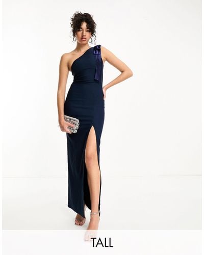 Vesper One Shoulder Contrast Satin Bow Side Spilt Maxi Dress - Blue