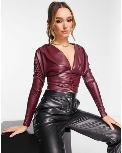 ASOS Leather Look Ruched Front Long Sleeve Top - Red