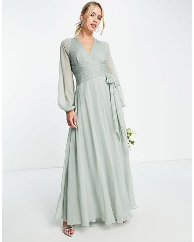 ASOS Bridesmaid Long Sleeve Ruched Maxi Dress With Wrap Skirt - Green