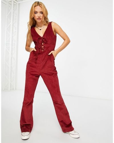 ASOS Cord Corset Lace Up Jumpsuit - Red