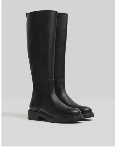Bershka Knee High Flat Boots - Black
