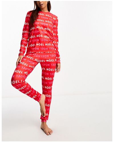 Loungeable Christmas Pyjama Set With Noel Print - Red