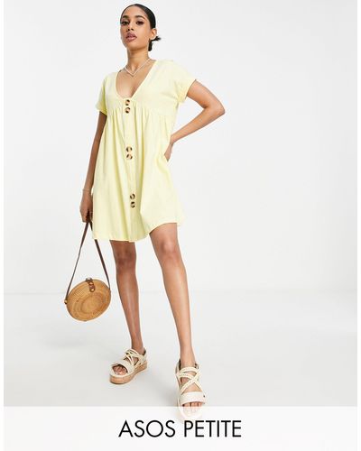 ASOS Asos Design Petite Short Sleeve Mini Smock Dress With Large Button Detail - Yellow