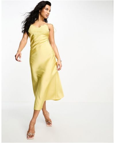 Aria Cove Satin Lace Trim Tie Cami Sleeve Midi Dress - Yellow