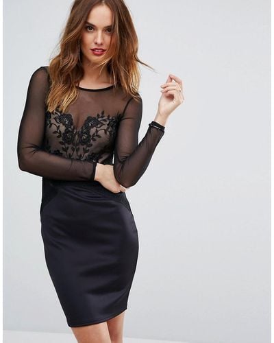 Lipsy Mesh Long Sleeve Embroidered Bodycon Dress - Black