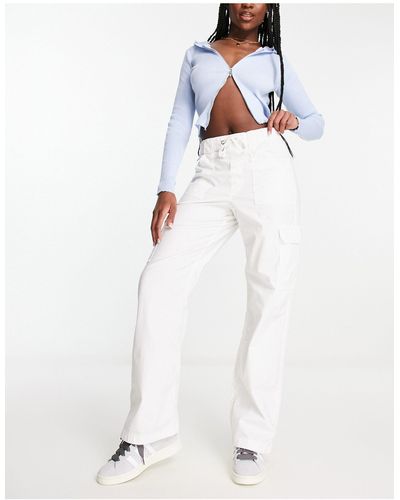 Hollister Poplin baggy Cargo Trousers With Drawstring Waist - White