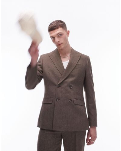 TOPMAN Slim Herringbone Suit Jacket - Brown