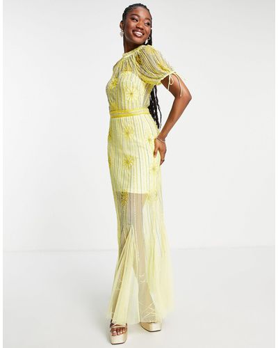 Miss Selfridge Premium - Versierde Midi-jurk Met Pofmouwen En Bloemenprint - Geel