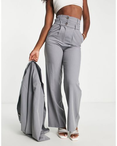 Glamorous Double Waist Wide Leg Tailored Trousers - Grey