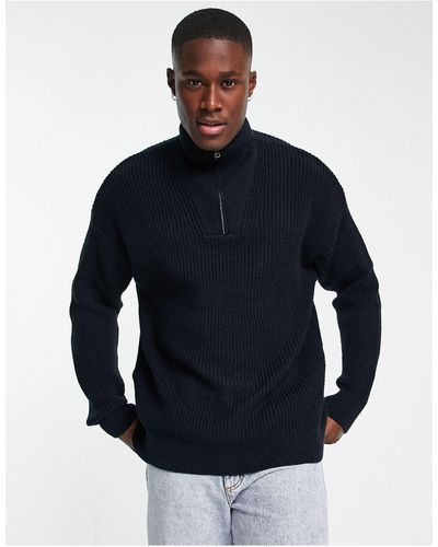 New Look Fisherman Ribbed 1/4 Zip Funnel Neck Sweater - Blue