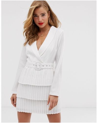 In The Style Plunge Front Blazer Dress With Pleated Skirt - White