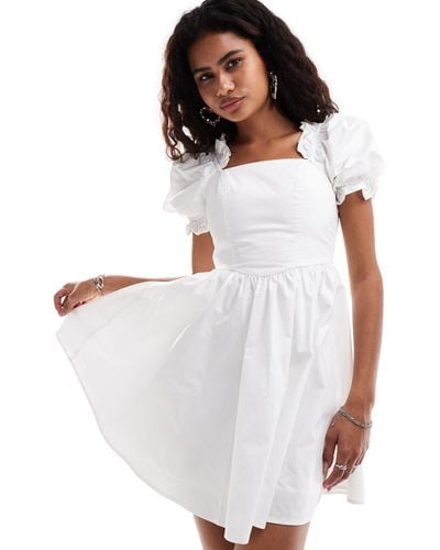 Urban Revivo Puff Sleeve Cotton Mini Tea Dress - White
