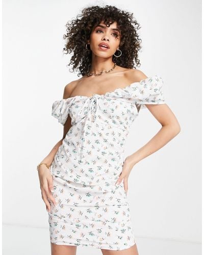 Missguided Bardot Puff Tie Front Floral Mini Dress - White