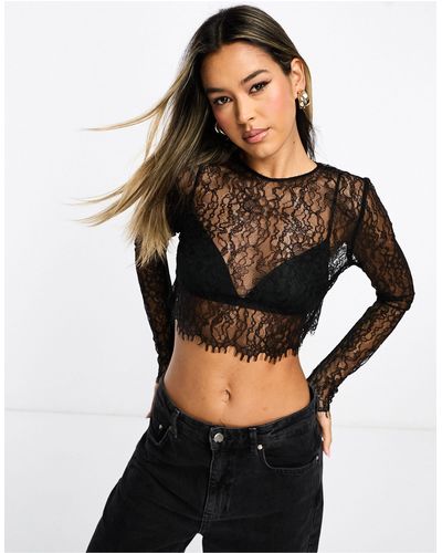 Mango Long Sleeve Lace Crop Top - Black