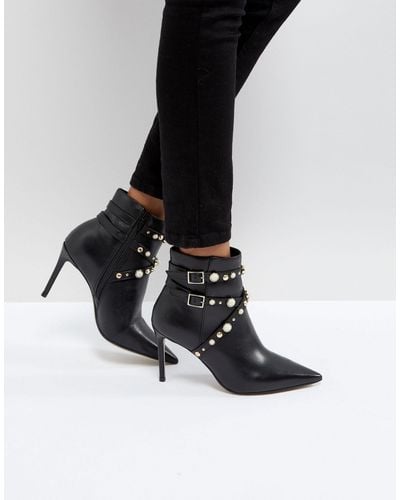 Carvela Kurt Geiger Granite Pearl Buckle Leather Heeled Ankle Boots - Black