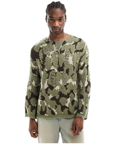 Reclaimed (vintage) Unisex Knitted Animal Camo Print Jumper With Distressing - Green