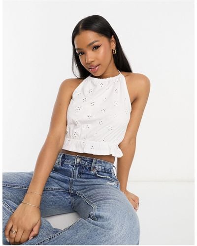 ASOS Broderie Halter Neck Cropped Top - White
