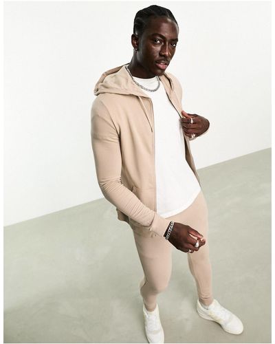 ASOS Muscle Fit Zip Through Hoodie With Super Skinny sweatpants Tracksuit - White