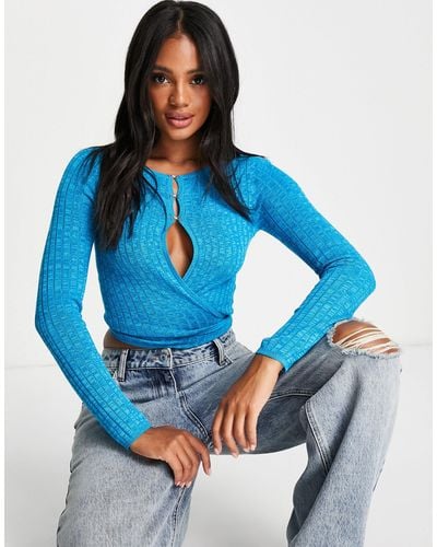 AsYou Keyhole Cut Out Knitted Wrap Top - Blue