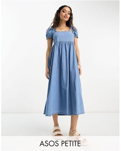 ASOS Asos Design Petite Soft Denim Midi Dress With Puff Sleeve - Blue