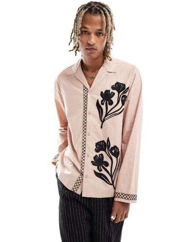 Reclaimed (vintage) Long Sleeve Revere Shirt With Embroidery - Pink