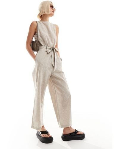 Monki Linen Sleeveless Jumpsuit With Tie Belt Detail - White
