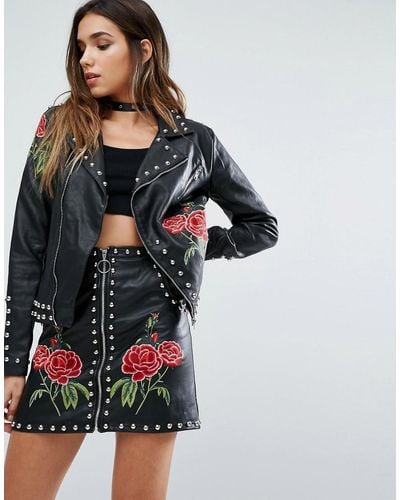 Missguided Leather Look Biker Jacket With Studs And Rose Embroidery - Black